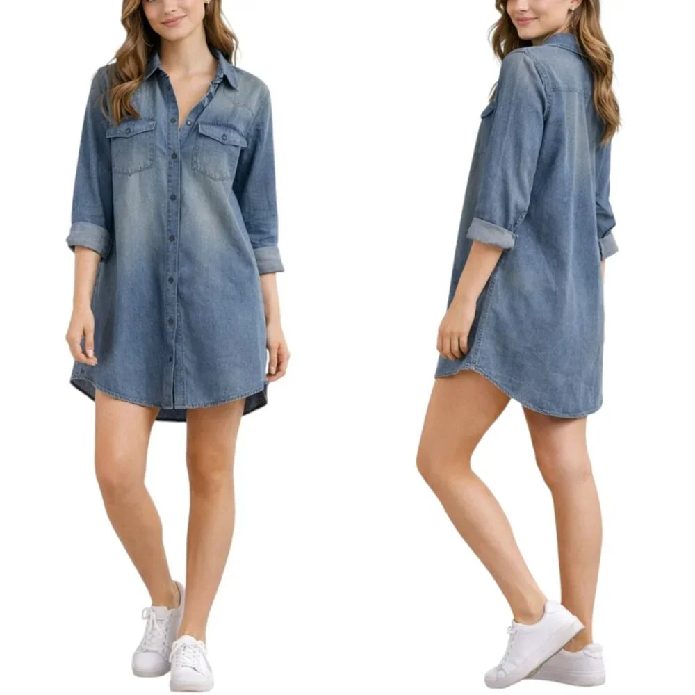 Leshop Women's Acid Wash Denim Shirt Dress | Oversized Fit & Flare | Pockets - Picture 1 of 8